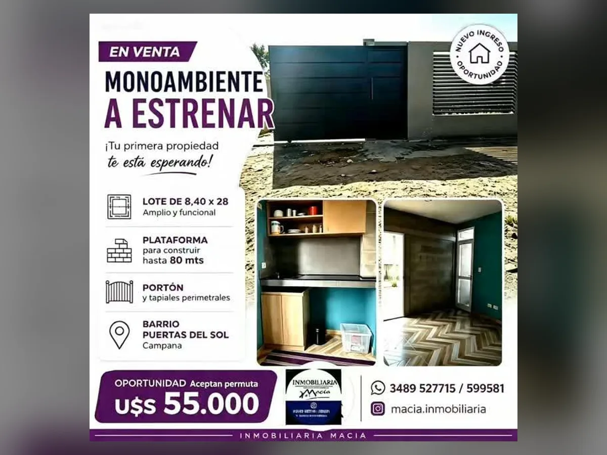 Monoambiente a estrenar en Barrio Puertas del Sol